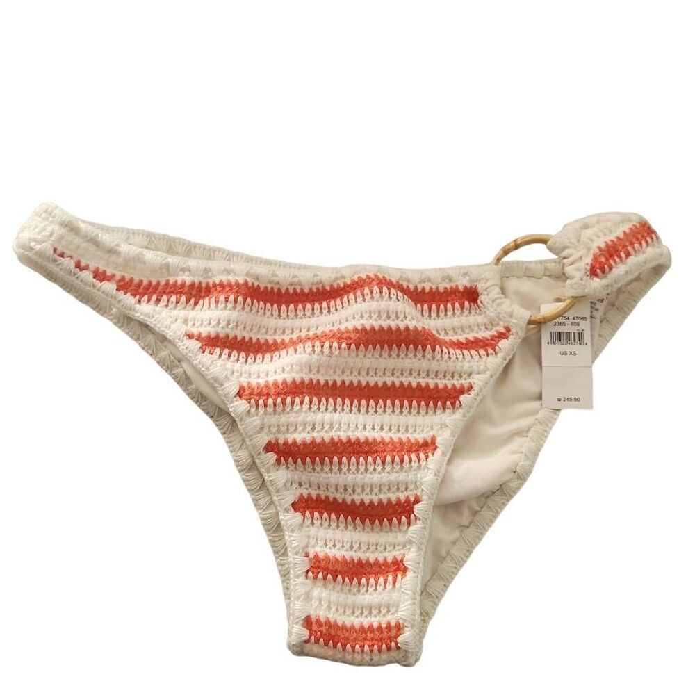 Aerie Women's Size XS Coral White Crochet Bamboo Ring Cheeky Bikini Bottoms